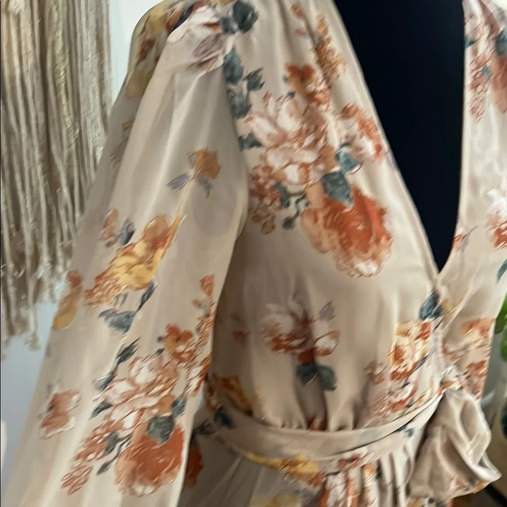Hudson Gray Beige Floral Wrap Dress NWOTSheer Long Sleeve Tie Waist Size Small